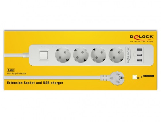 Delock túlfeszültségvédett négy foglalatú hosszabbítós konnektor USB töltővel (11206)