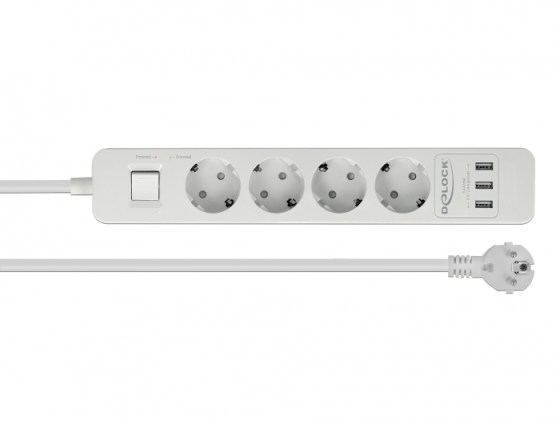 Delock túlfeszültségvédett négy foglalatú fehér hosszabbítós konnektor USB töltővel (11206)
