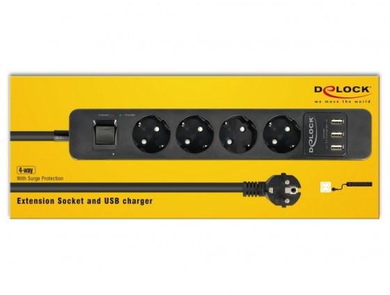 Delock túlfeszültségvédett négy foglalatú fekete hosszabbítós konnektor USB töltővel (11209)