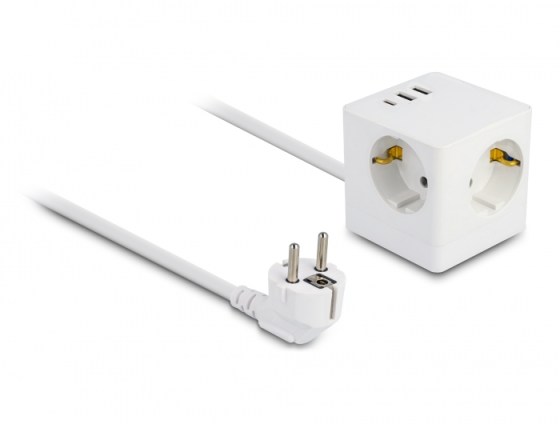 Delock 3 aljzatos csatlakozókocka USB töltővel, 1,5 m fehér (11497)