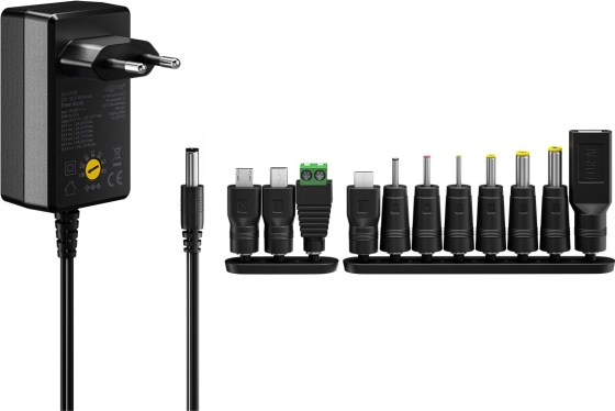 GOOBAY Univerzális hálózati DC adapter 3V-12V, max. 27W 2,25A, 11 különböző méretű csatlakozóval (64570)