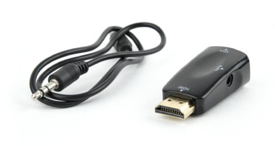 AB-HDMI-VGA-02, HDMI-VGA és audio adapter, egy port, fekete, blister, AB-HDMI-VGA-02, HDMI kijelzőjű eszköz VGA bmenetű monitorhoz való csatlakoztatásához, VGA  anya, HDMI apa, VGA female, VGA male, átalakító, csatlakozó